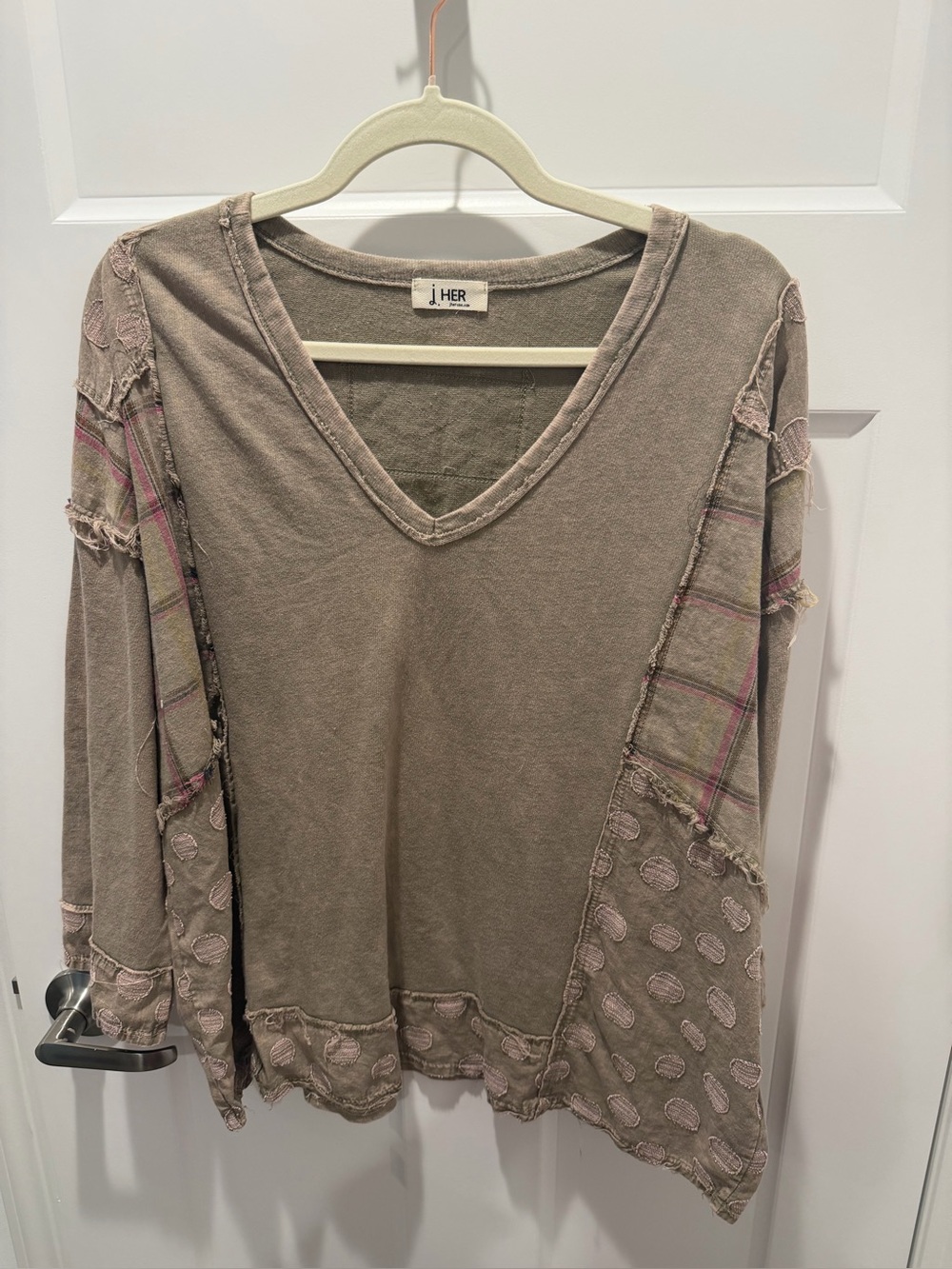I HER Taupe Patchwork V-Neck Sweatshirt
